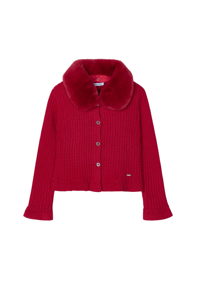 Red Cardigan Faux Fur Collar