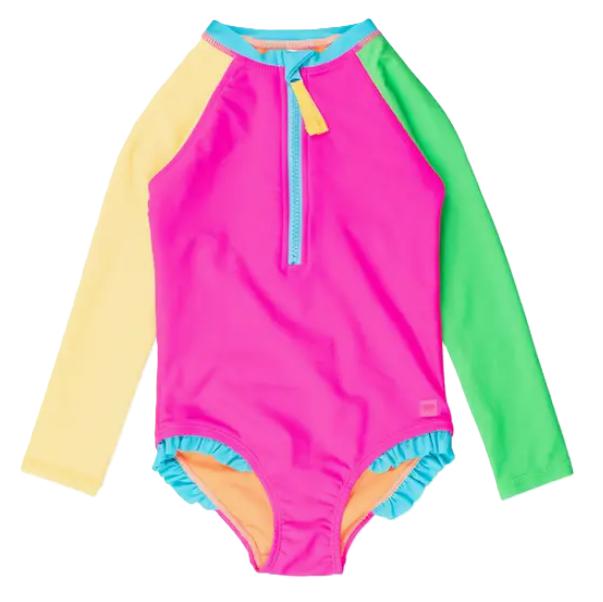 Ruffle Butts - Neon Color Block Long Sleeve Rash Guard One Piece