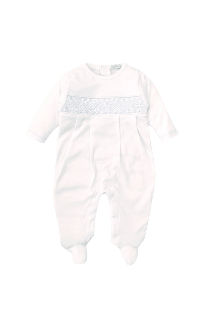 Kissy Kissy - White/Light Blue Smocked Charmed Footie