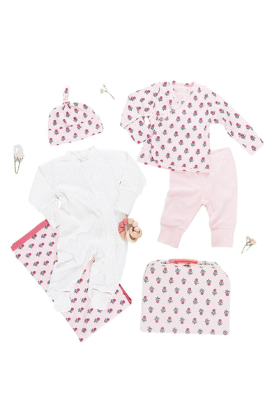 Pink Chicken - Pink Tiny Flower Layette Set in a Nesting Box