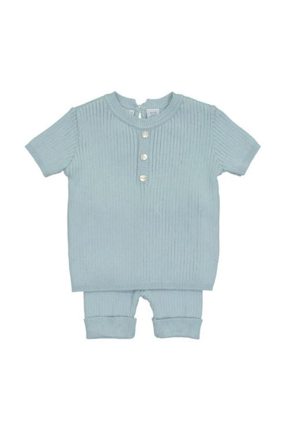 Mock Button Short Ribbed Set -  Light Blue