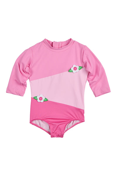 Florence Eiseman - Pink Color Block Rash Guard Onesie with Flowers