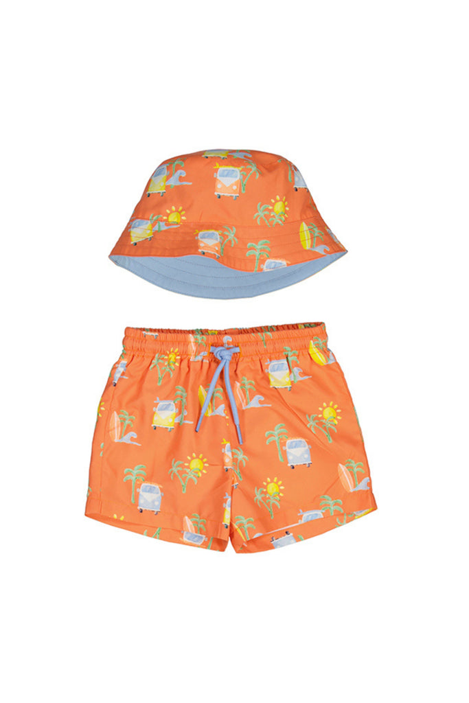 Surf Print Swim Shorts with Bucket Hat