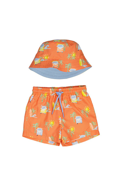 Surf Print Swim Shorts with Bucket Hat