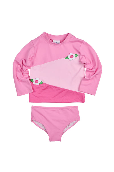 Florence Eiseman - Pink Color Block Rashguard Swimsuit with Flowers