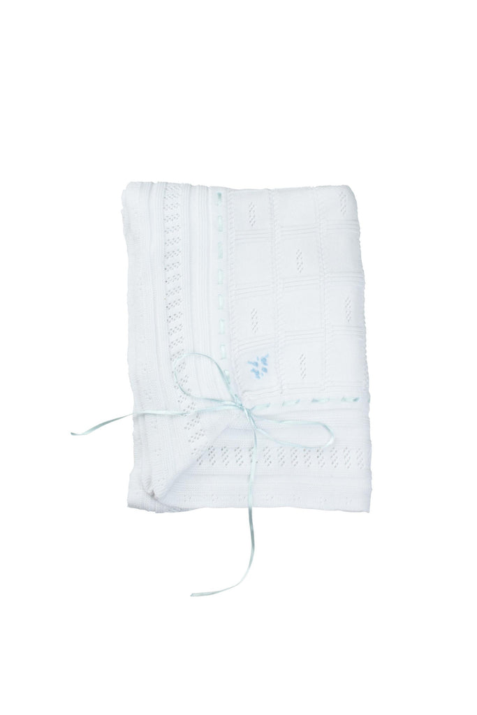 White/Blue Ribbon Pointelle Knit Blanket