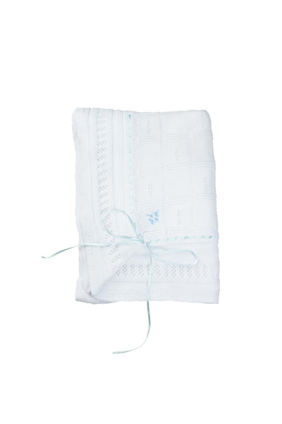 White/Blue Ribbon Pointelle Knit Blanket