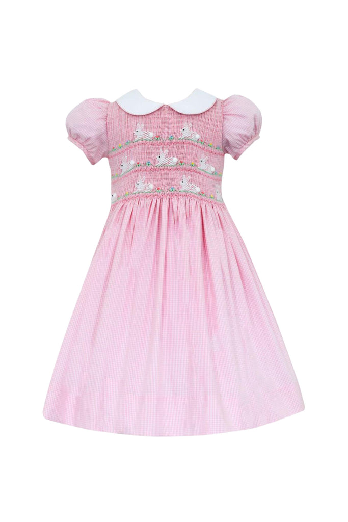 White Bunnies Smocked Dress - Pink Gingham