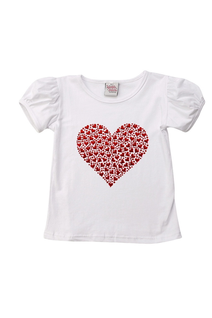 Red Full Of Hearts Puff Sleeve Tee - White