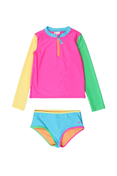 Ruffle Butts - Neon Color Block Long Sleeve Rash Guard Set